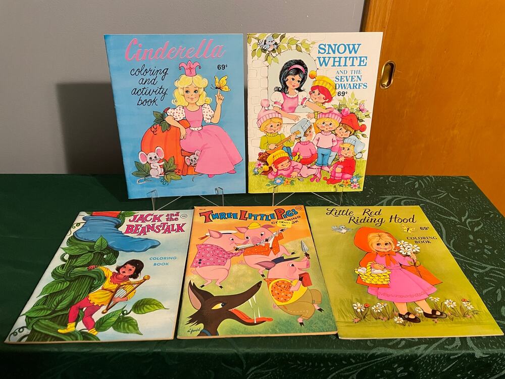 Vtg Coloring Books Fairy Tales Lot Of 5 Unused Cinderella LRRH Jack Beanstalk